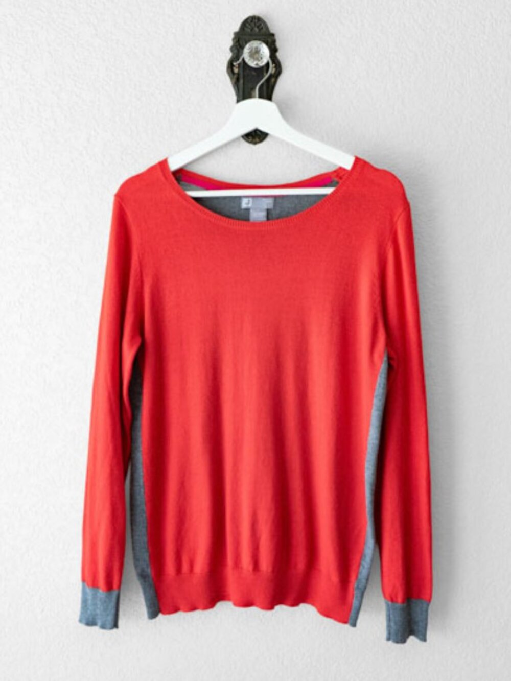 JCP Red Gray Colorblock Cashmere Blend Large Lightweight Crew Neck Knit